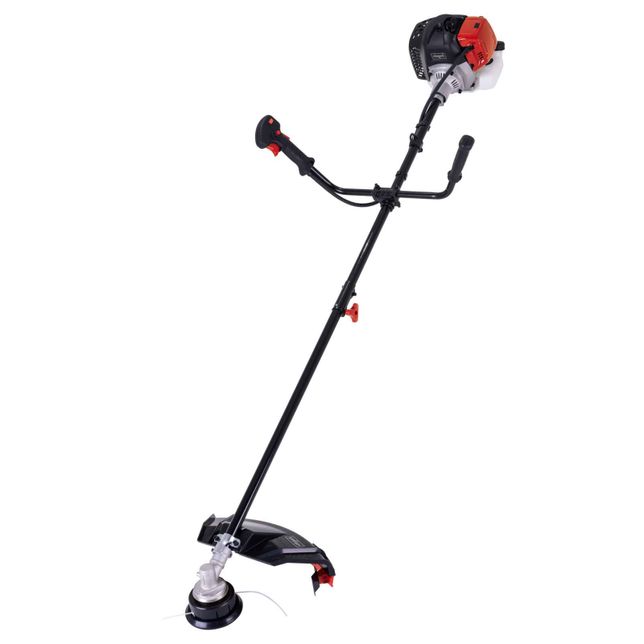 Scheppach brush cutter with black handle and red engine. The brush cutter has a black cutting blade and a white plastic guard.